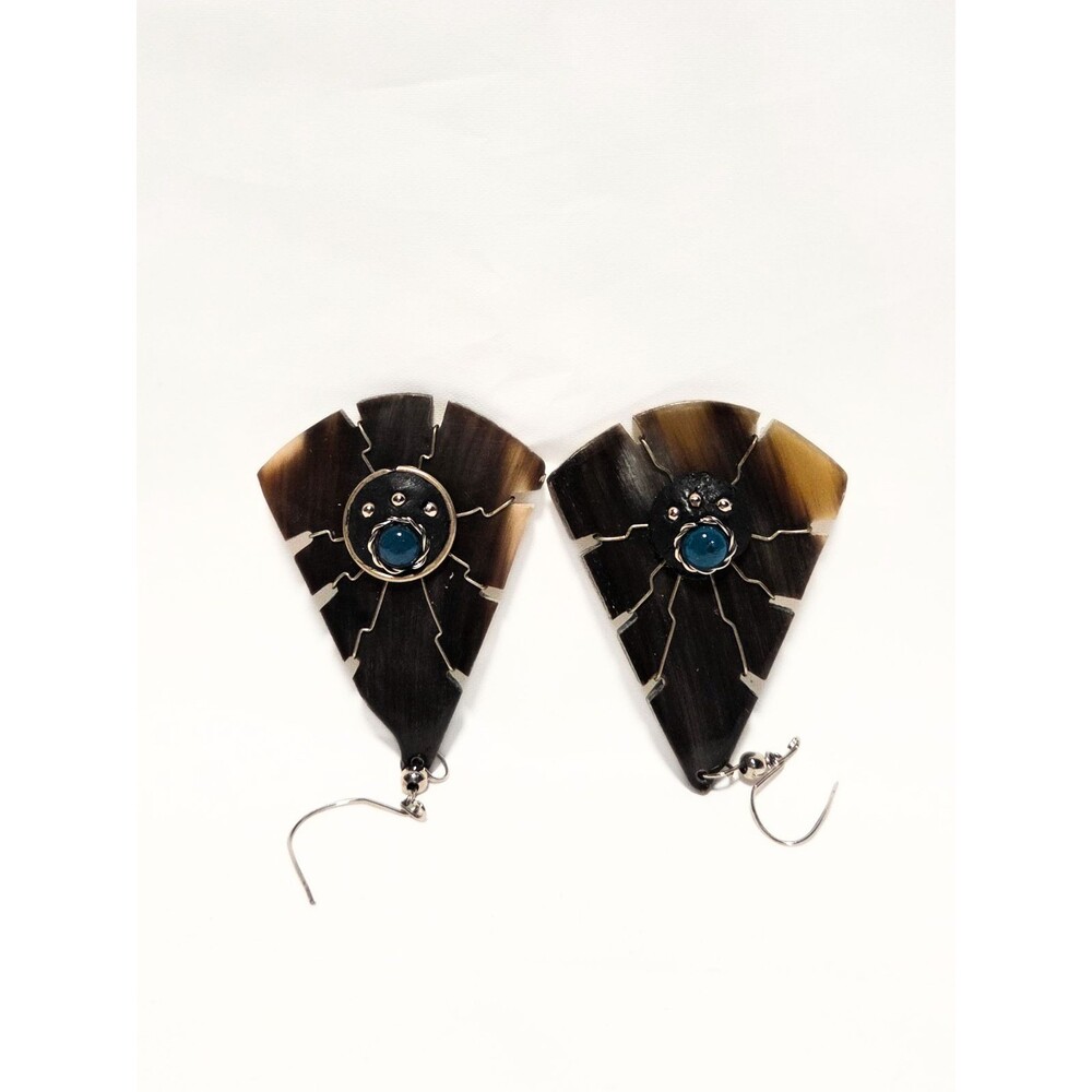 Horn Inlay Dangle Earrings Blue Cabochon Tribal Boho Statement Earrings